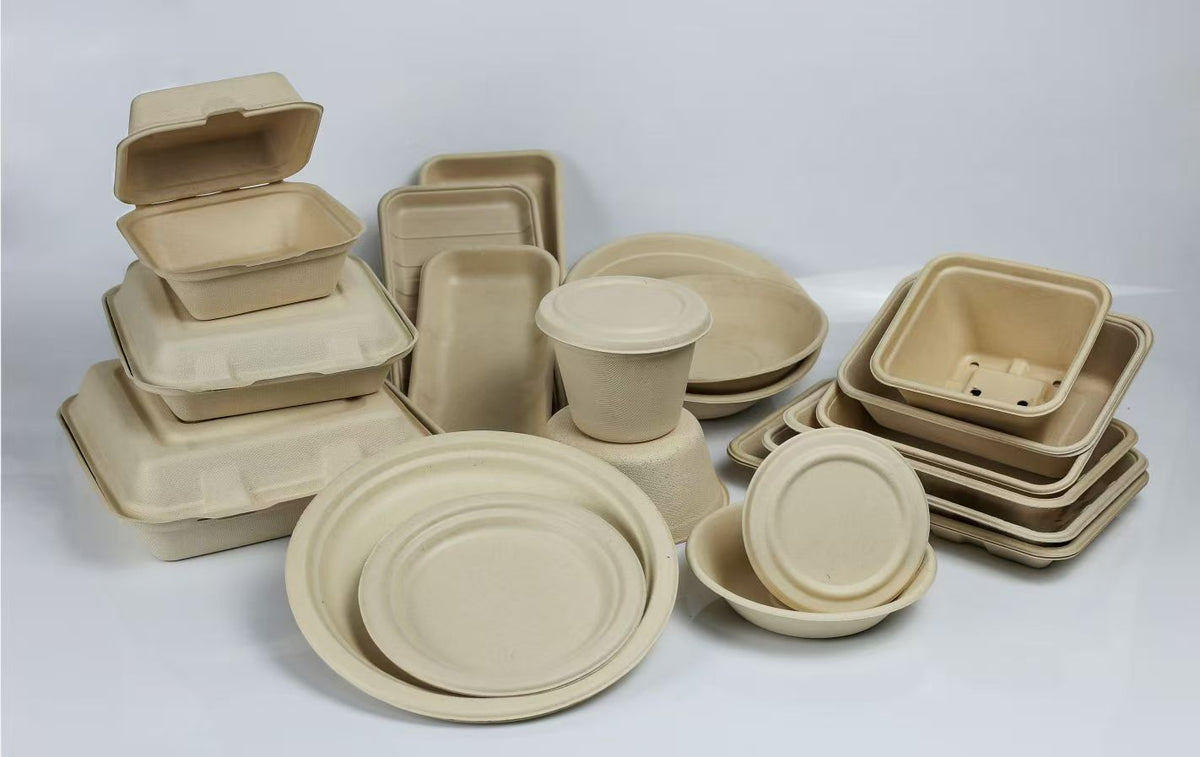 Eco-friendly sugarcane bagasse tableware collection: biodegradable plates, bowls, and takeaway boxes by Xuran Eco.