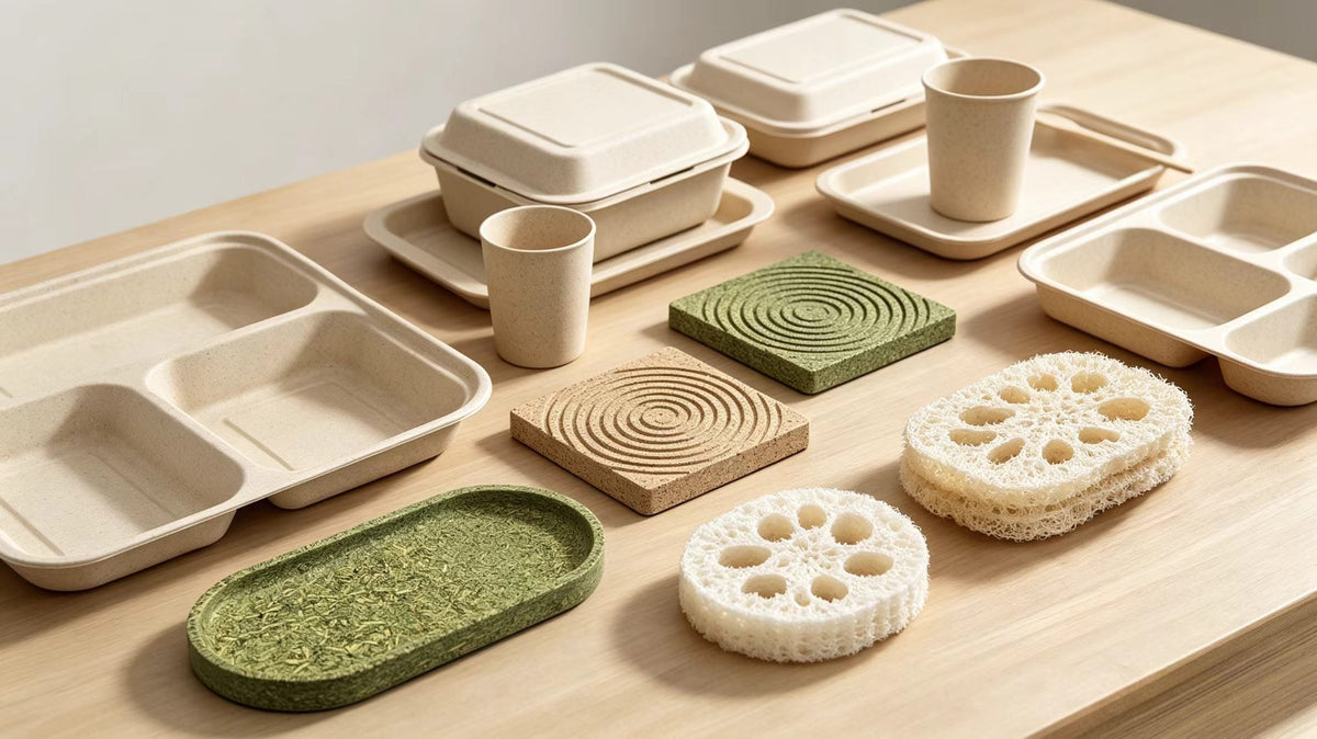 Zero waste kitchen collection: natural loofah pads, sugarcane bagasse tableware, tea‑fiber tray and coasters, plastic‑free eco home products