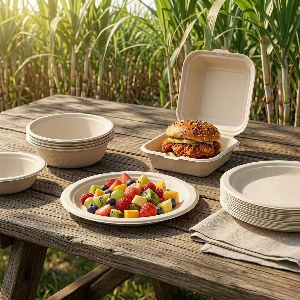 Biodegradable sugarcane pulp tableware set including lunch boxes and plates, placed on a wooden table with a lush green sugarcane field background.