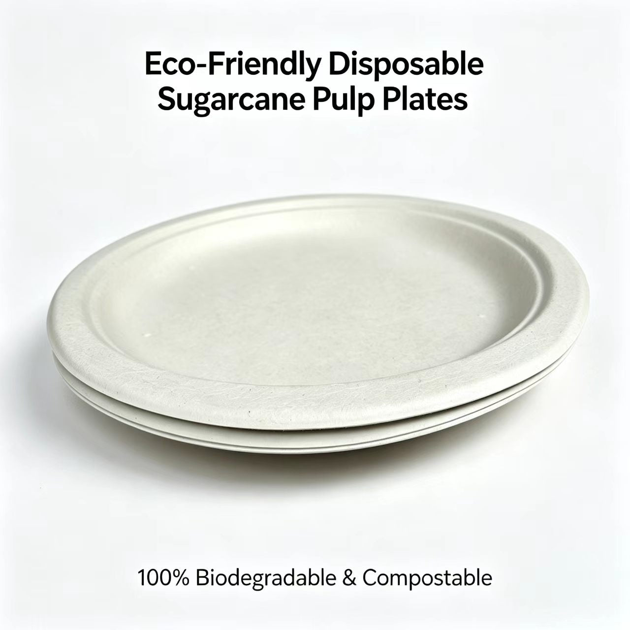 ⁠Two 100% compostable sugarcane bagasse plates angled to show leakproof and wax-free natural fiber texture.⁠