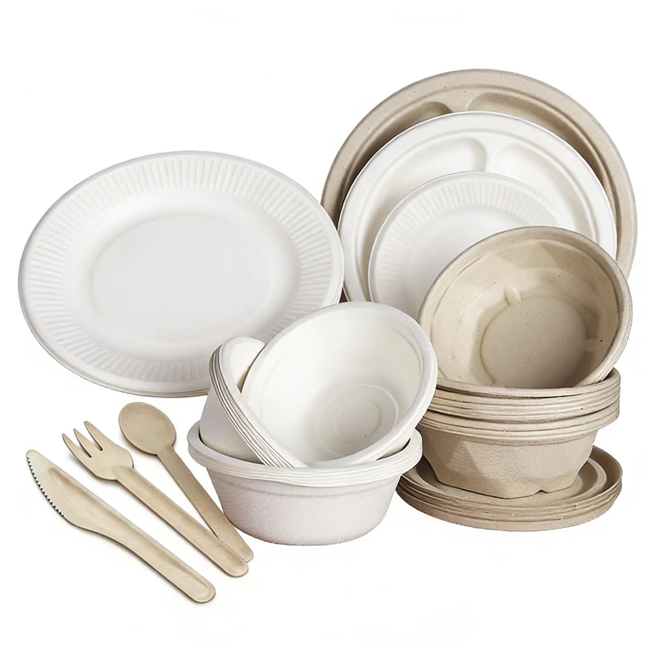 Custom Logo Compostable Tableware, BPI Certified Sugarcane Fiber Plates Bowls PLA Cutlery, Eco-Friendly Branded Tableware for Business Events