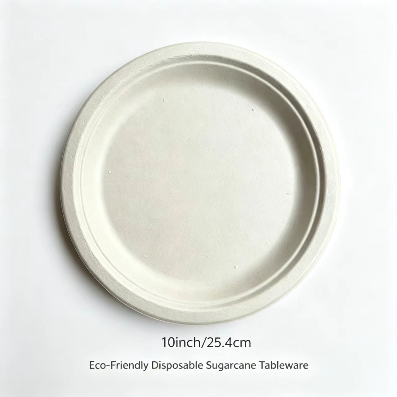 ⁠10-inch biodegradable bagasse dinner plate in natural unbleached beige, showing dimensions of 25.4 cm.⁠