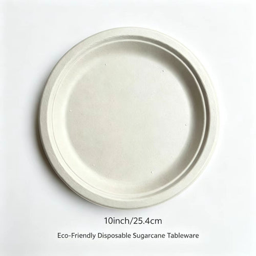 ⁠10-inch biodegradable bagasse dinner plate in natural unbleached beige, showing dimensions of 25.4 cm.⁠