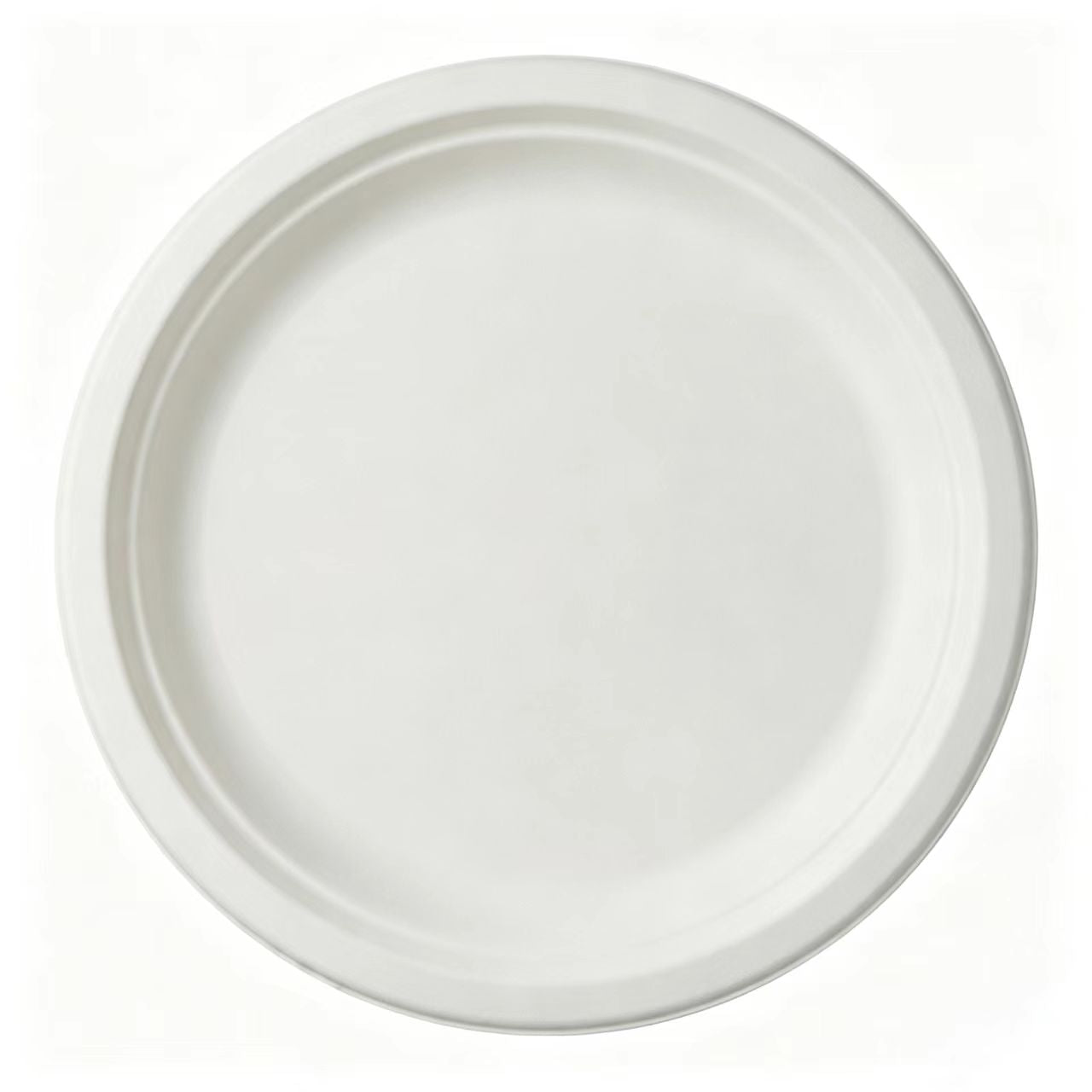 10-inch compostable sugarcane plate in bright eco-white, showcasing clean round design and durable rim.⁠