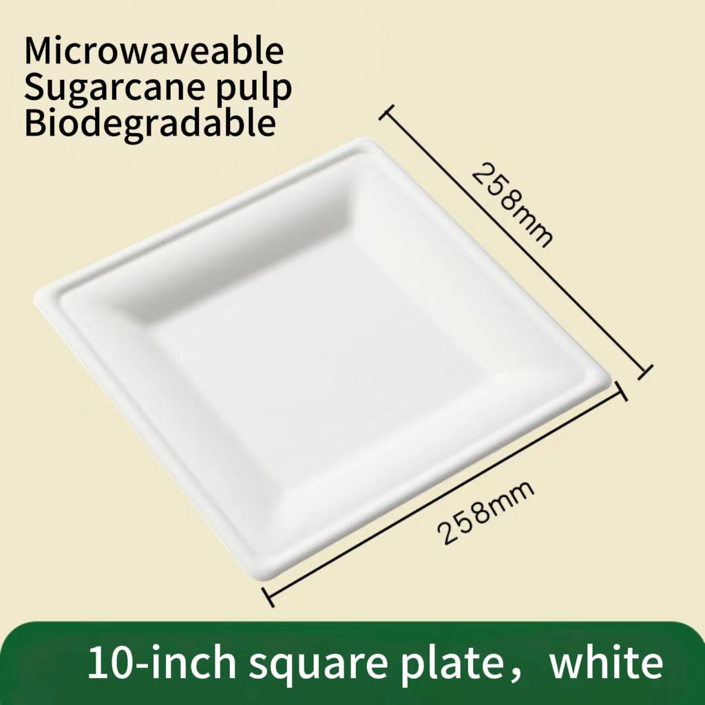 10-inch eco-friendly square bagasse plate in bright white with product dimensions, microwaveable and heavy duty.⁠