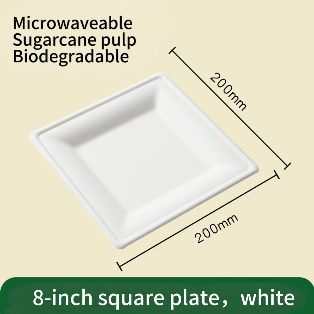 size chart of 8 inch white square compostable plate, sugarcane square tray dimensions 
