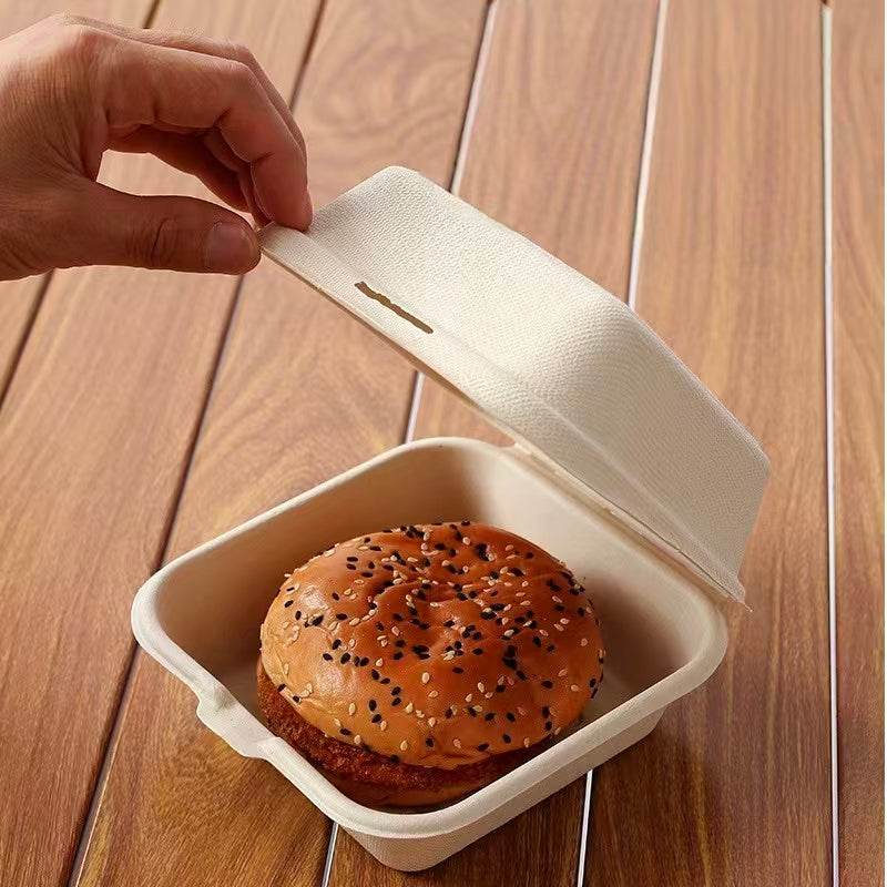 6 inch compostable clamshell burger box, sugarcane bagasse takeout container with burger 