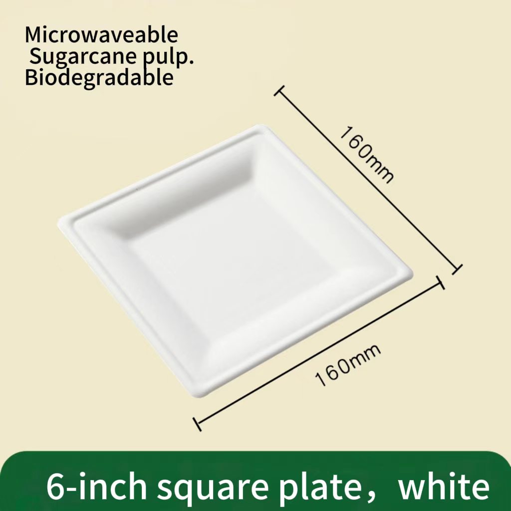 size chart of 6 inch white square compostable plate, sugarcane square tray dimensions 
