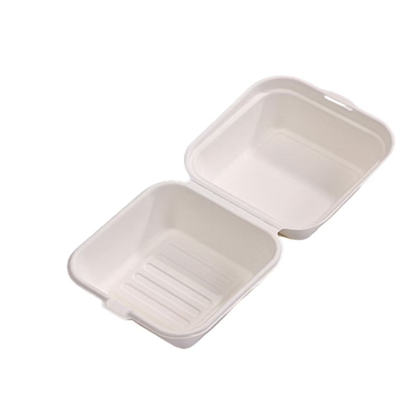 6x6 Inch White Compostable Burger Box - Heavy-Duty Sugarcane Fiber Clamshell, Biodegradable To-Go Container for Food Trucks Restaurants, Microwave Safe