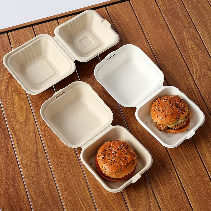 compostable clamshell box with food, 6 inch sugarcane takeout container for meals 