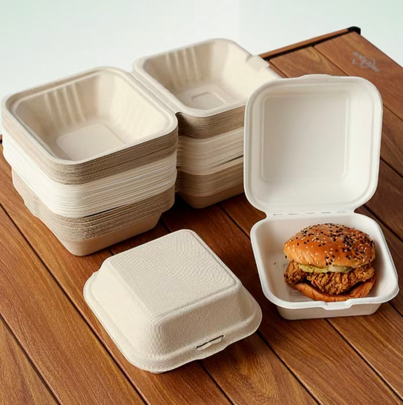 6x6 Inch White Compostable Burger Box - Heavy-Duty Sugarcane Fiber Clamshell, Biodegradable To-Go Container for Food Trucks Restaurants, Microwave Safe