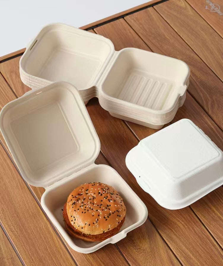  heavy duty white compostable burger box, sugarcane takeout container for restaurant