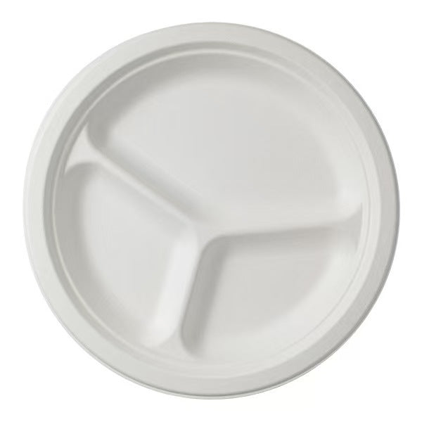  10 inch 3 compartment compostable sugarcane plate, biodegradable disposable divided tray 