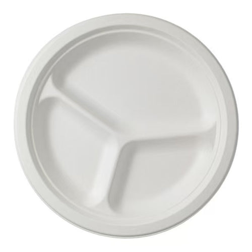  10 inch 3 compartment compostable sugarcane plate, biodegradable disposable divided tray 