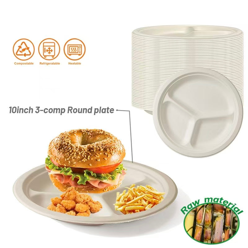  3 compartment compostable plate with food, 10 inch biodegradable divided plate for meal prep 