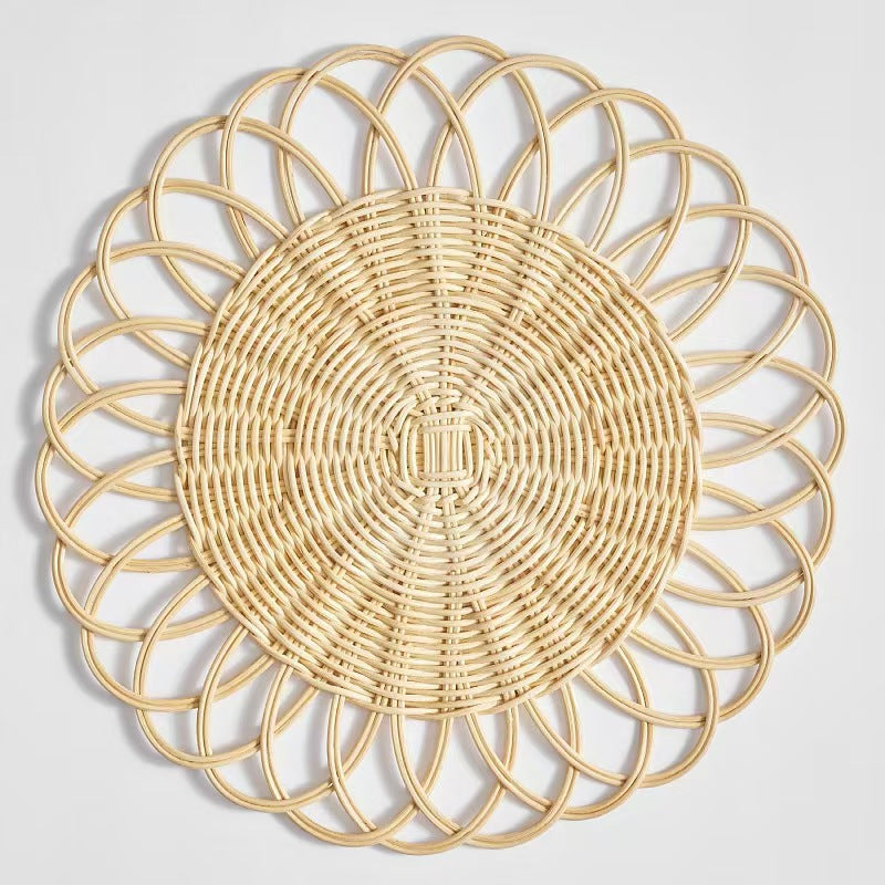 Artisanal Handwoven Rattan Placemat - 15" Floral Woven Table Mat for Boho Dining