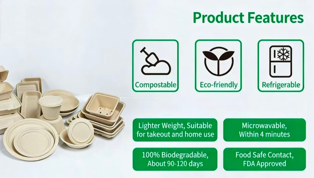 Custom Logo Compostable Tableware, BPI Certified Sugarcane Fiber Plates Bowls PLA Cutlery, Eco-Friendly Branded Tableware for Business Events