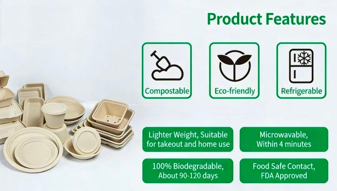 Custom Logo Compostable Tableware, BPI Certified Sugarcane Fiber Plates Bowls PLA Cutlery, Eco-Friendly Branded Tableware for Business Events