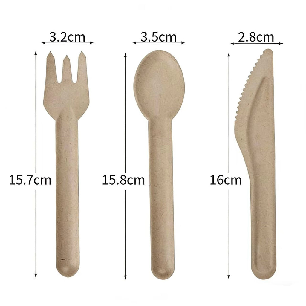  size chart of 6 inch compostable disposable cutlery, sugarcane knife fork spoon dimensions 