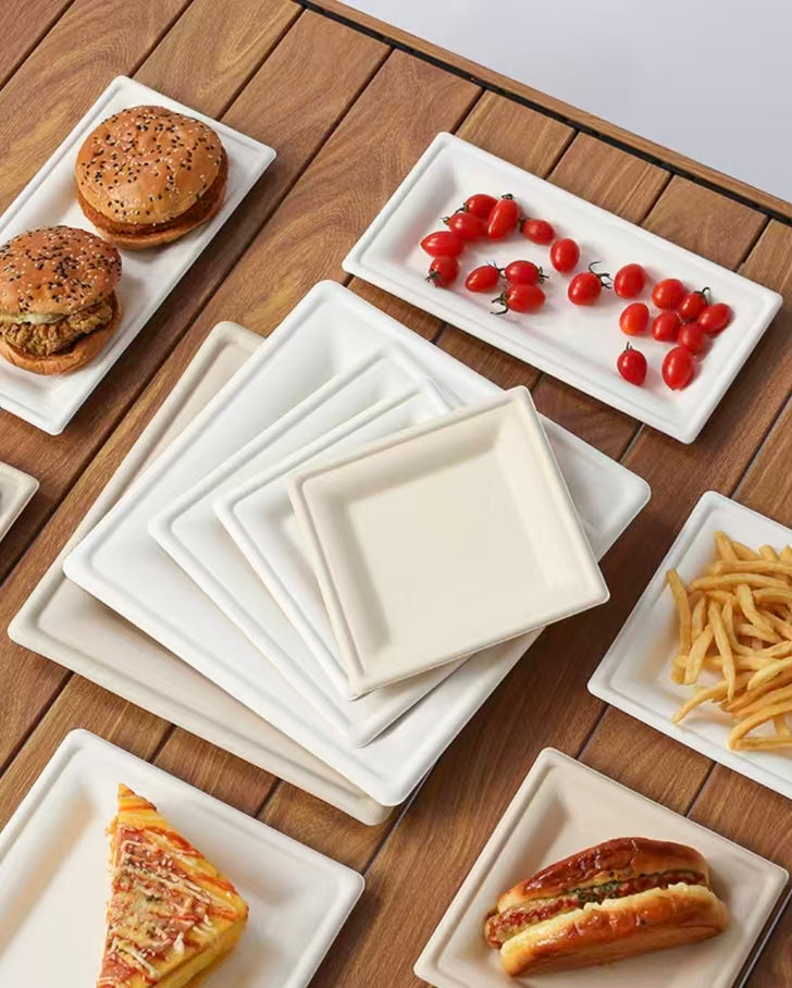 8 inch square compostable plate with food, biodegradable tray for party catering 
