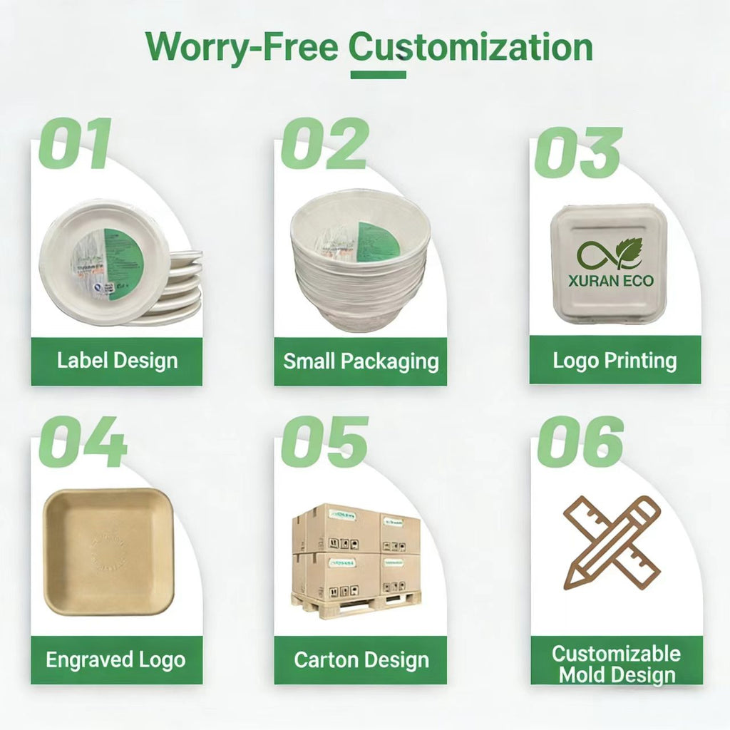 Custom Logo Compostable Tableware, BPI Certified Sugarcane Fiber Plates Bowls PLA Cutlery, Eco-Friendly Branded Tableware for Business Events