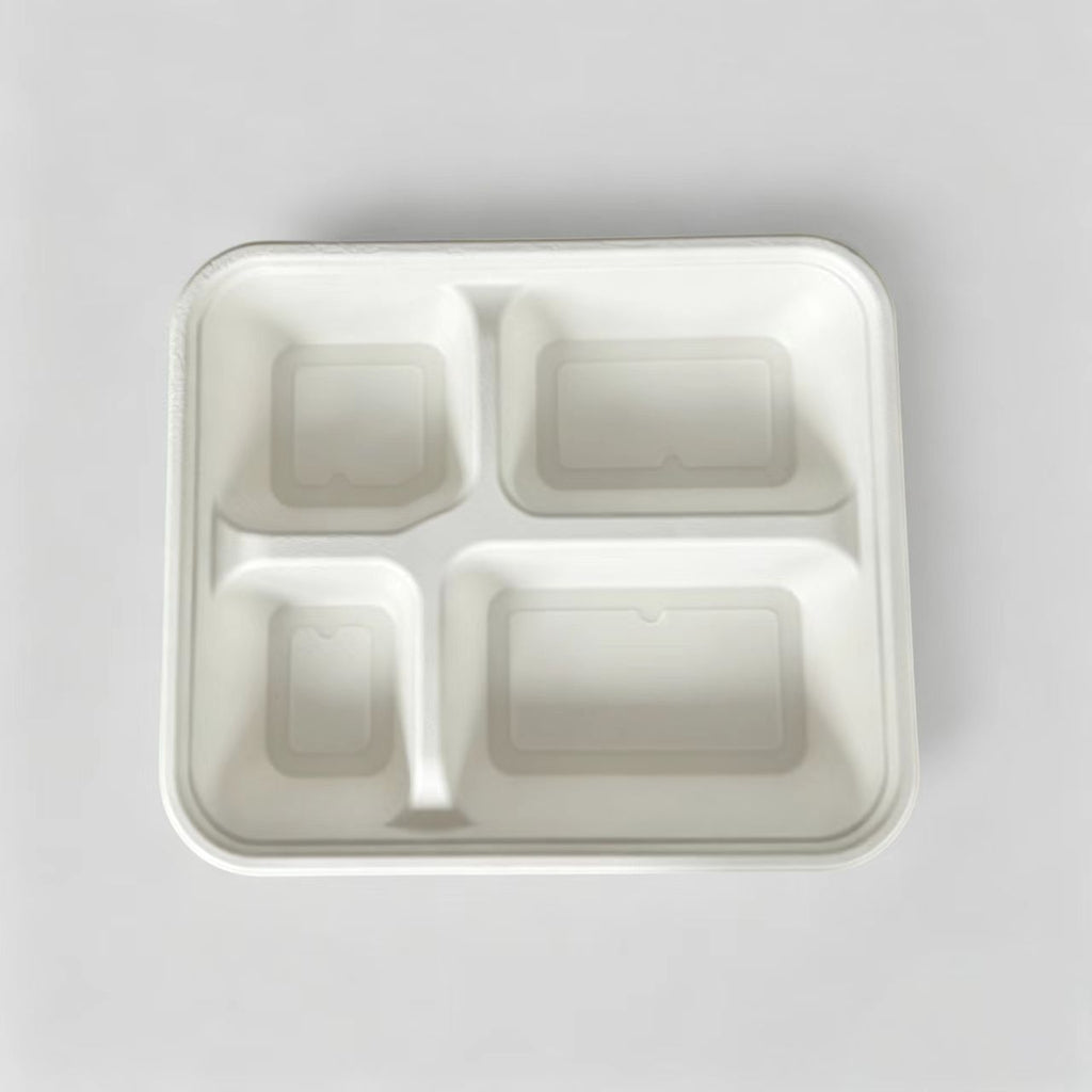  top view of 4 compartment disposable bento box, eco-friendly meal prep tray interior 
