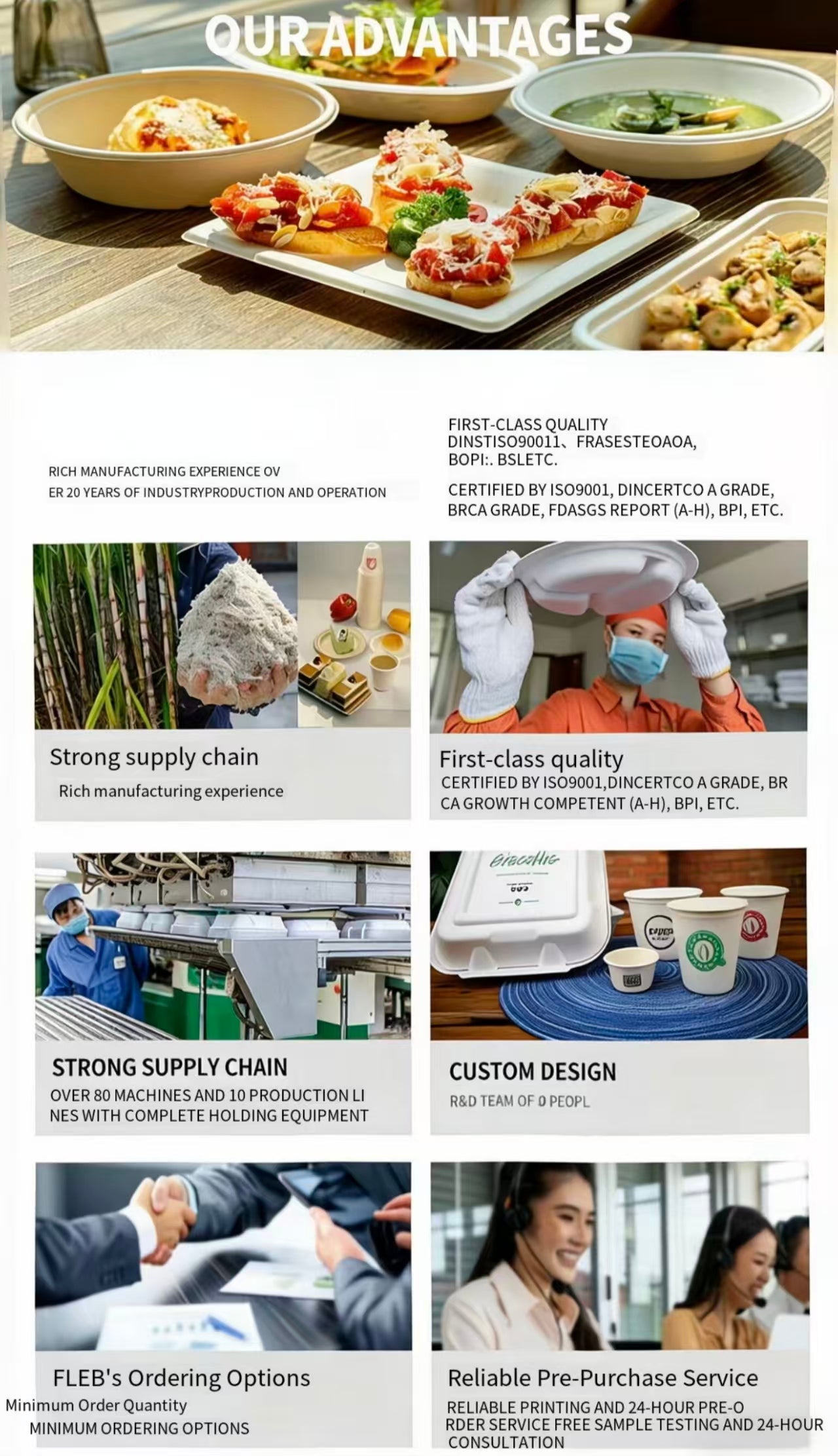 Custom Logo Compostable Tableware, BPI Certified Sugarcane Fiber Plates Bowls PLA Cutlery, Eco-Friendly Branded Tableware for Business Events