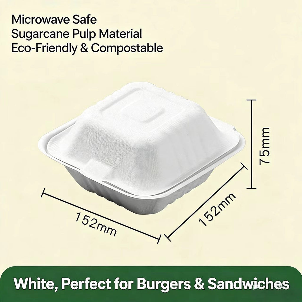  size chart of 6 inch white compostable burger box, 152x152x75mm sugarcane clamshell dimensions 