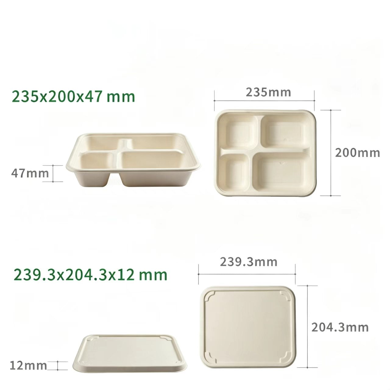 size chart of 4 compartment compostable takeout container, biodegradable food box dimensions