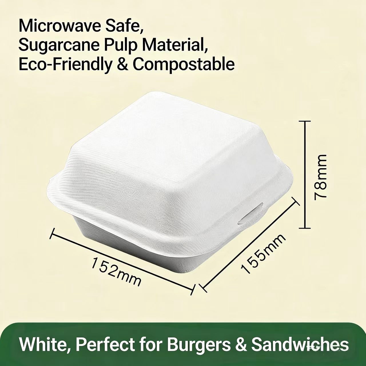 6x6 Inch White Compostable Burger Box - Heavy-Duty Sugarcane Fiber Clamshell, Biodegradable To-Go Container for Food Trucks Restaurants, Microwave Safe