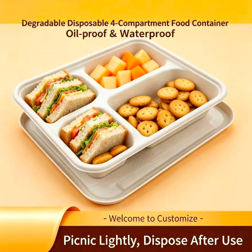 4 compartment compostable container with food, disposable biodegradable lunch tray for picnic 
