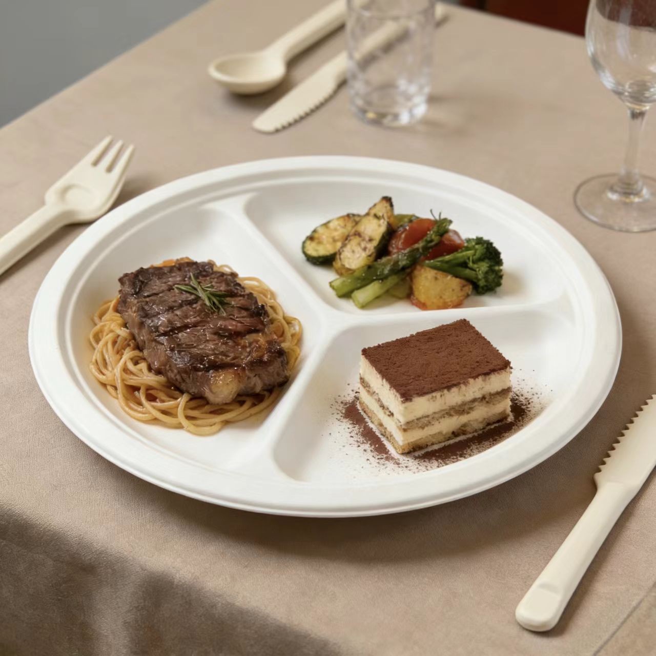 heavy duty 3 compartment compostable plate, eco-friendly disposable divided dinner plate for party