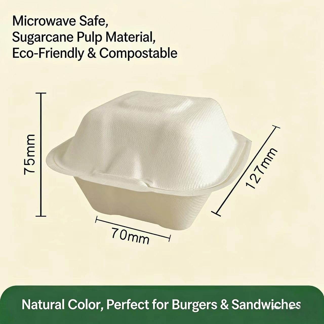  size chart of 5 inch compostable burger box, 70x127x75mm natural sugarcane clamshell dimensions 