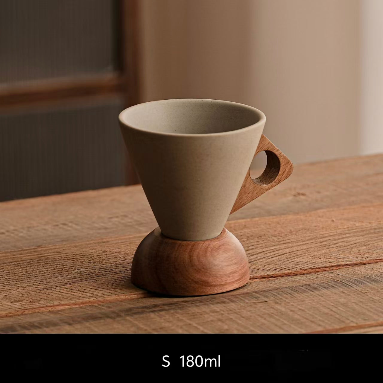Handcrafted Wabi-Sabi Stoneware Coffee Cup with Acacia Wood Handle & Base | Plastic-Free Eco-Friendly Funnel Teacup