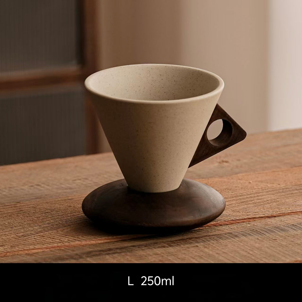 Handcrafted Wabi-Sabi Stoneware Coffee Cup with Acacia Wood Handle & Base | Plastic-Free Eco-Friendly Funnel Teacup