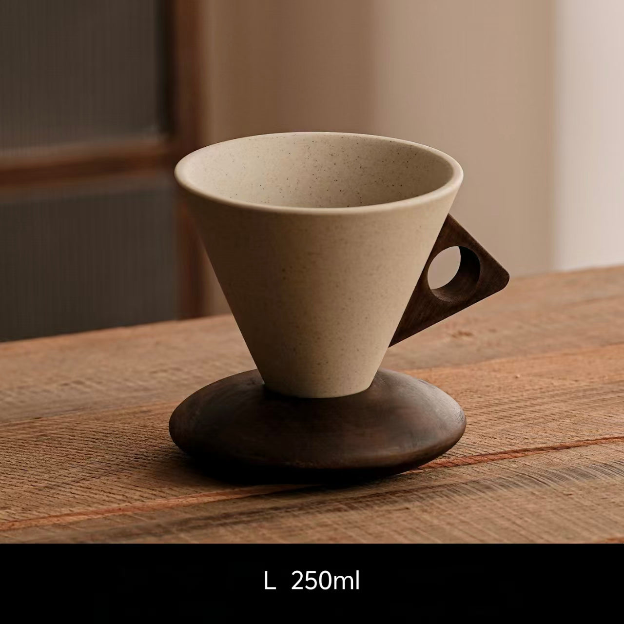 Handcrafted Wabi-Sabi Stoneware Coffee Cup with Acacia Wood Handle & Base | Plastic-Free Eco-Friendly Funnel Teacup