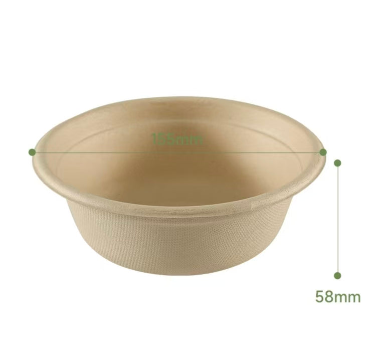 size chart of 500ml compostable bowl, 155mm x 58mm sugarcane bowl dimensions 