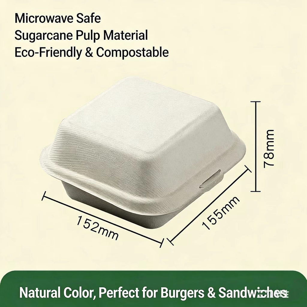  size chart of 6 inch compostable burger box, 152x155x78mm sugarcane clamshell dimensions 