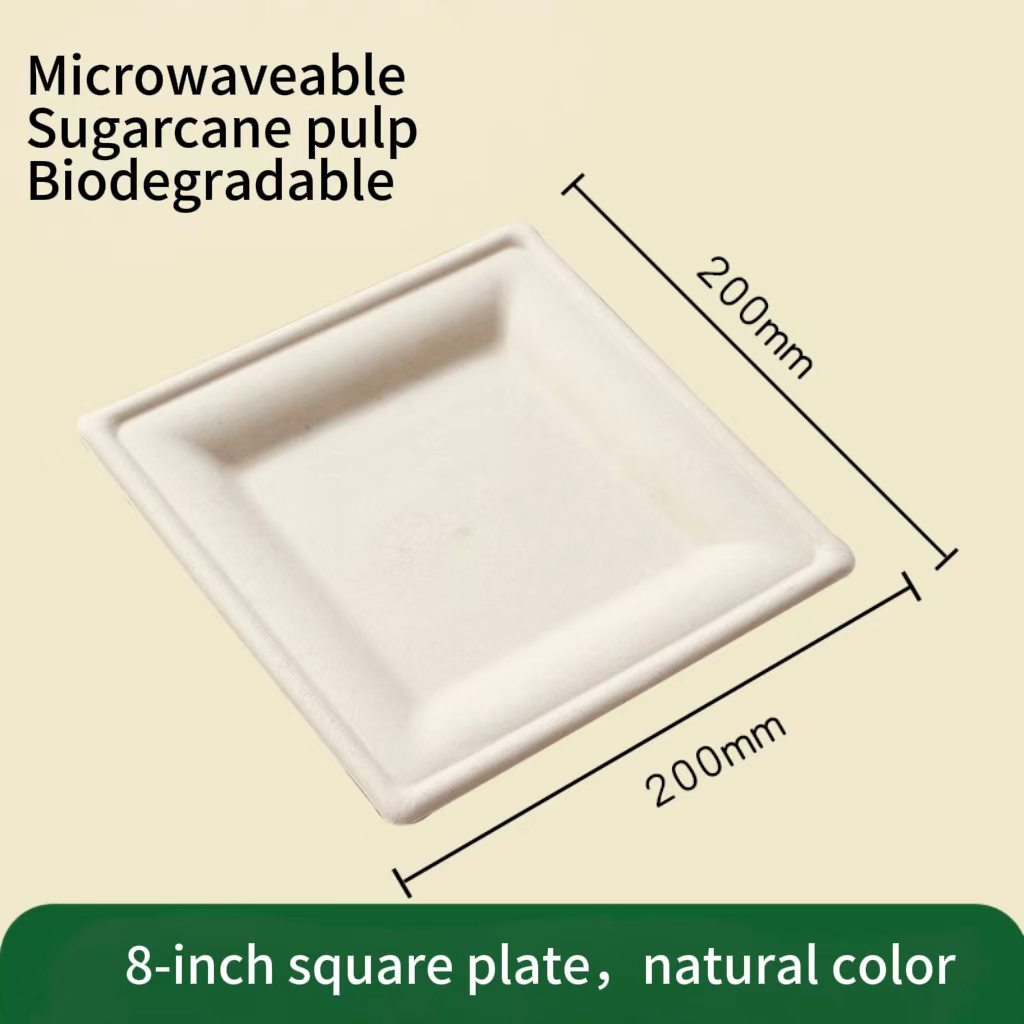 size chart of 8 inch natural square compostable plate, sugarcane square tray dimensions 