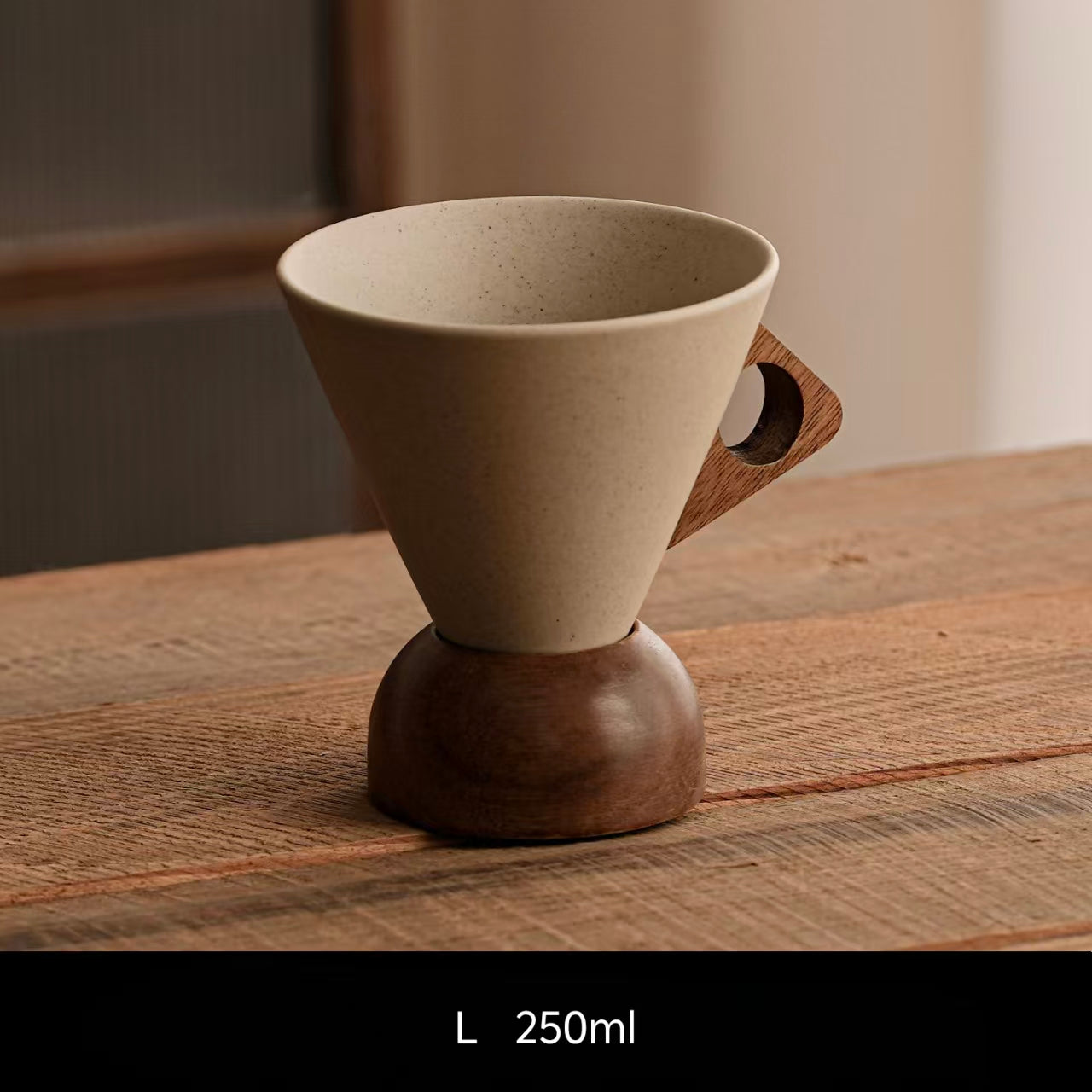 Handcrafted Wabi-Sabi Stoneware Coffee Cup with Acacia Wood Handle & Base | Plastic-Free Eco-Friendly Funnel Teacup