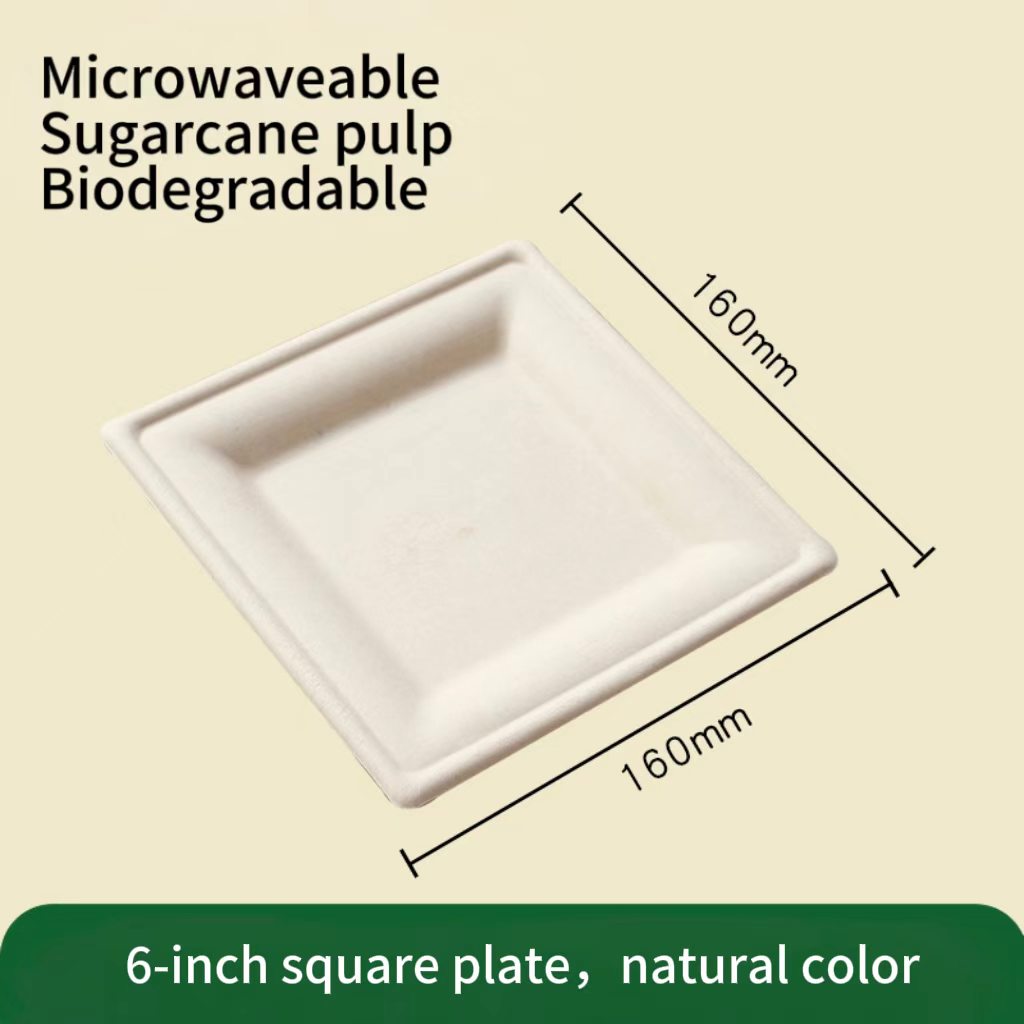  size chart of 6 inch natural square compostable plate, sugarcane square tray dimensions 