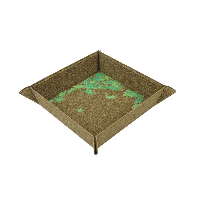 Foldable dark green vanity tray crafted from recycled mugwort fiber, plastic-free non-toxic herbal leaf print, storage dish for jewelry coins small sundries
