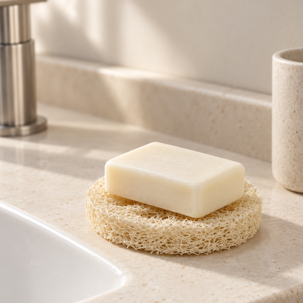Natural loofah soap saver pad beneath an ivory bar of soap