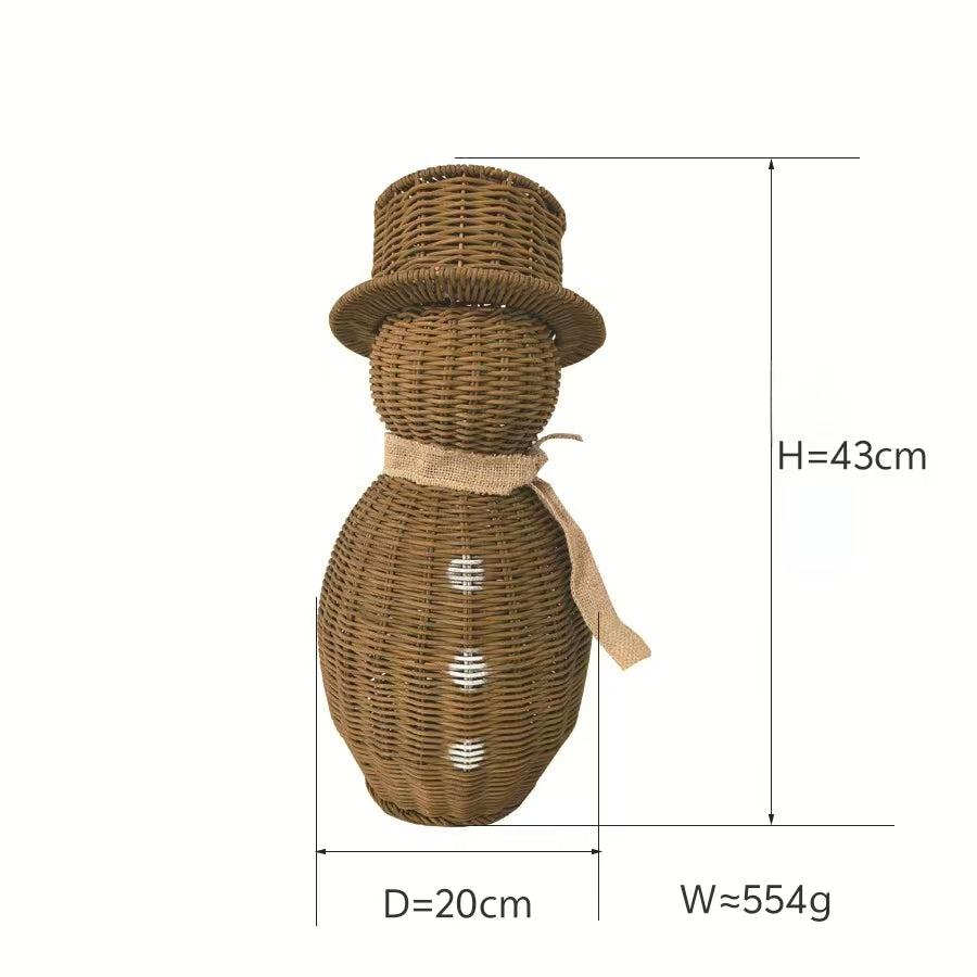  Product dimension diagram showing the height, diameter, and weight specs for the small and large variants of the handwoven rattan snowman.