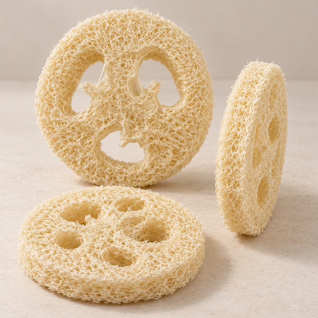 Natural loofah soap saver pads showing irregular fibers and cut edges
