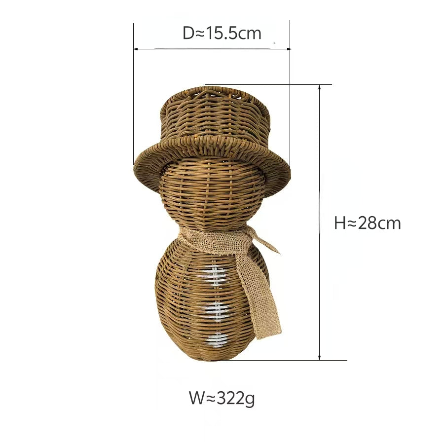  Product dimension diagram showing the height, diameter, and weight specs for the small and large variants of the handwoven rattan snowman.