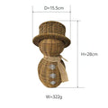  Product dimension diagram showing the height, diameter, and weight specs for the small and large variants of the handwoven rattan snowman.