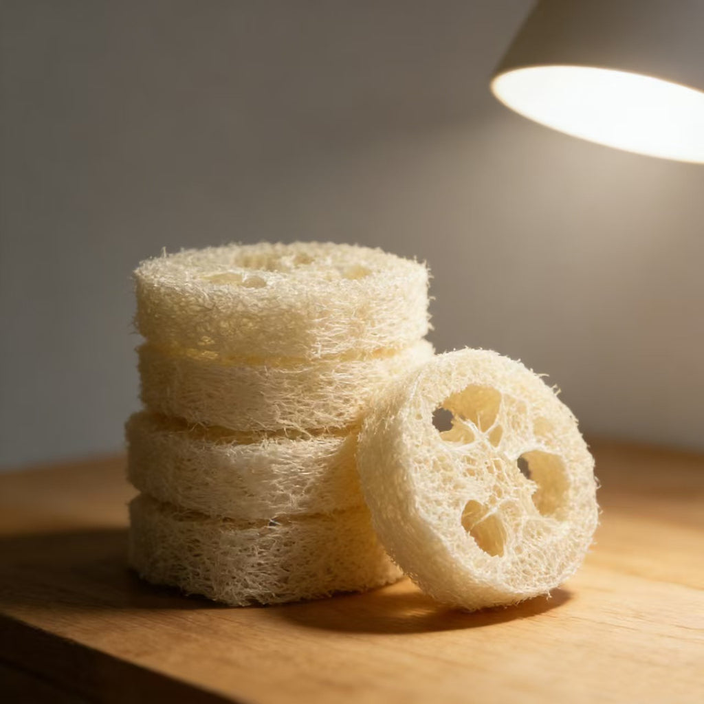Stacked round natural loofah soap saver pads, sustainable zero waste bathroom decor