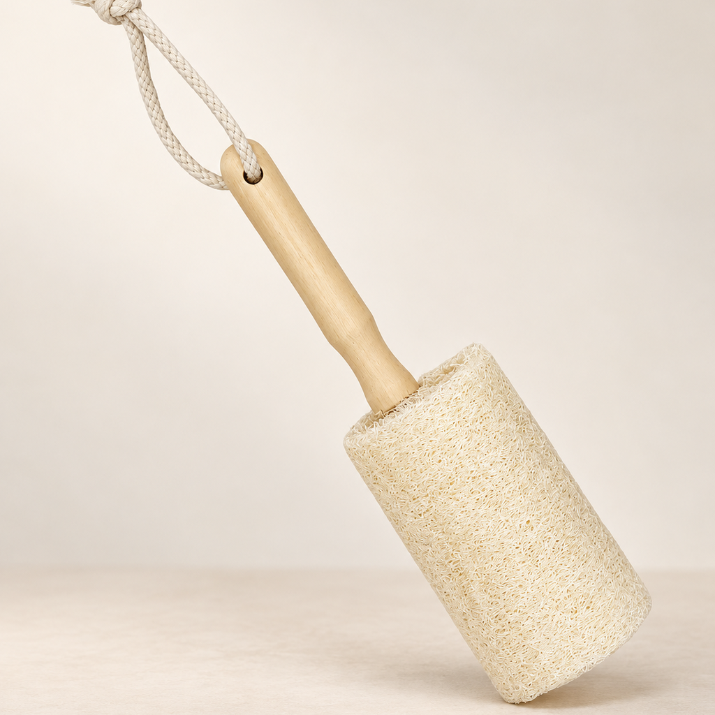 Natural loofah cup brush with a wooden handle on a warm ivory background