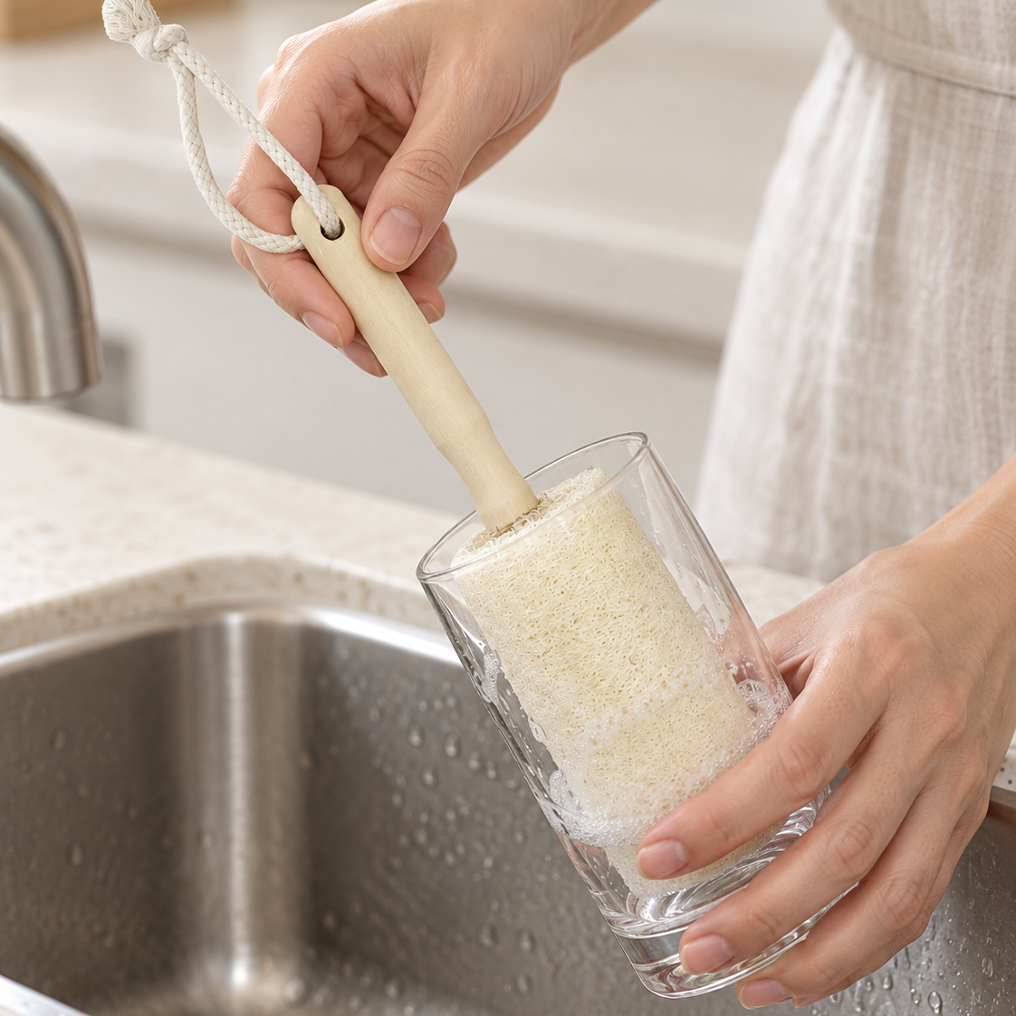Natural loofah cup brush cleaning a clear drinking glass at a kitchen sink